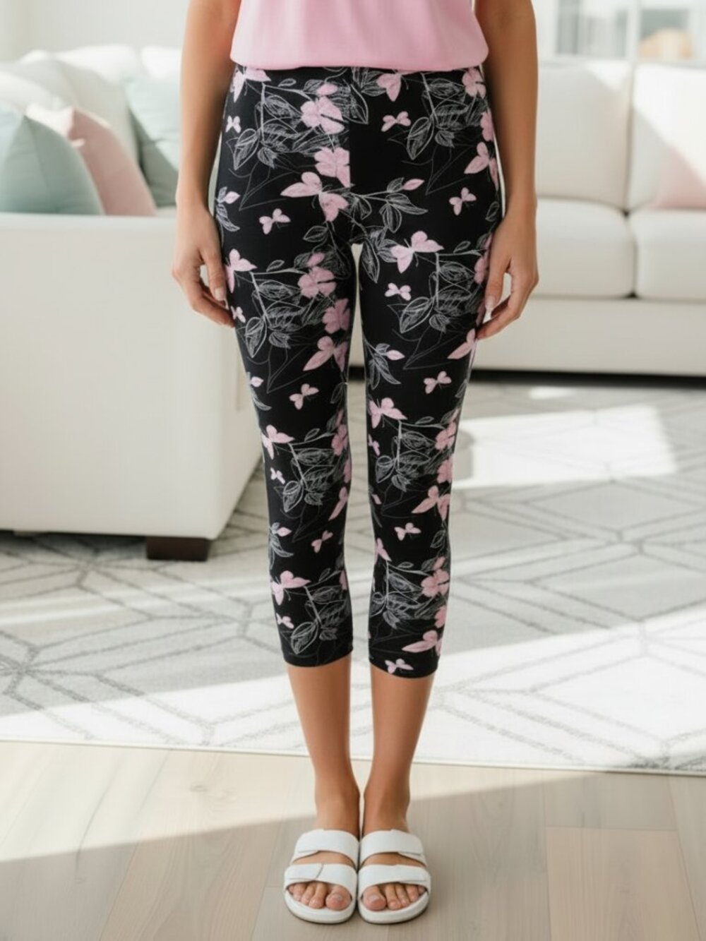 OS/Plus NEW Womens Capri Pink Butterfly Leggings Crop Yoga Pants